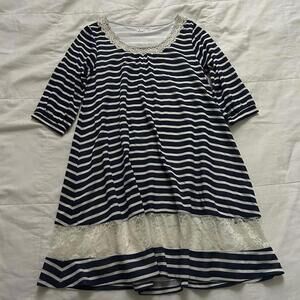 Axes Femme Navy white striped dress lace trim peekaboo sheer panel Size medium